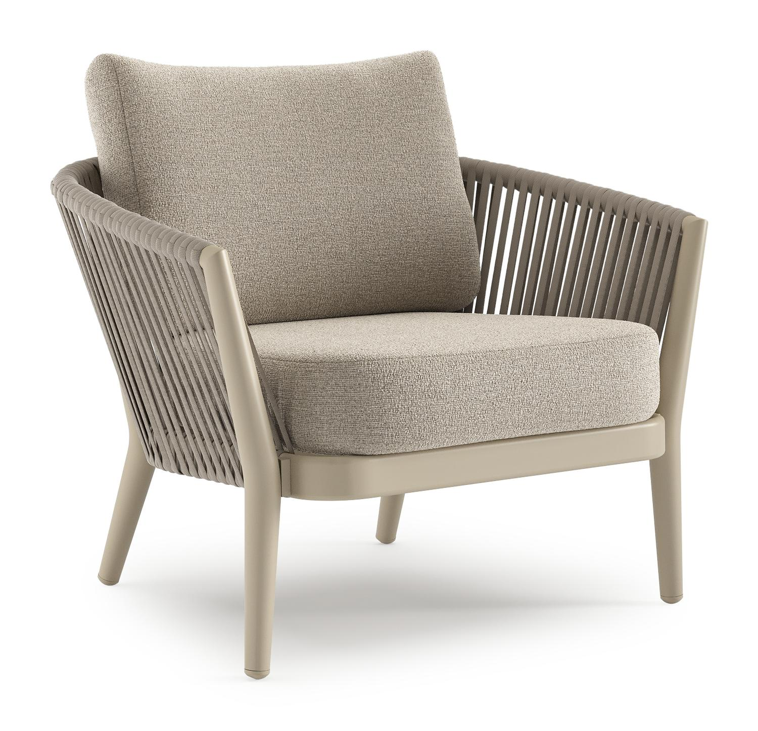 Orso loungestoel in beige aluminium en beige verticaal geweven ronde rope met Catania Greige all weather cosytica kussen