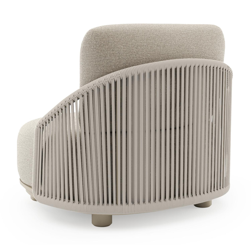 Fauteuil de jardin Vadelo en aluminium beige et corde ronde tissée verticalement beige et coussins en all weather cosytica catania sand