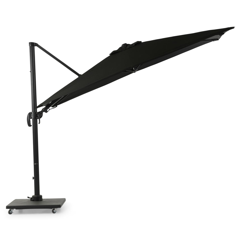 Avola zweefparasol met tiltfunctie in zwart aluminium met zwart weather+ softtouch parasoldoek - L1 200 x L2 300 cm (met voet)