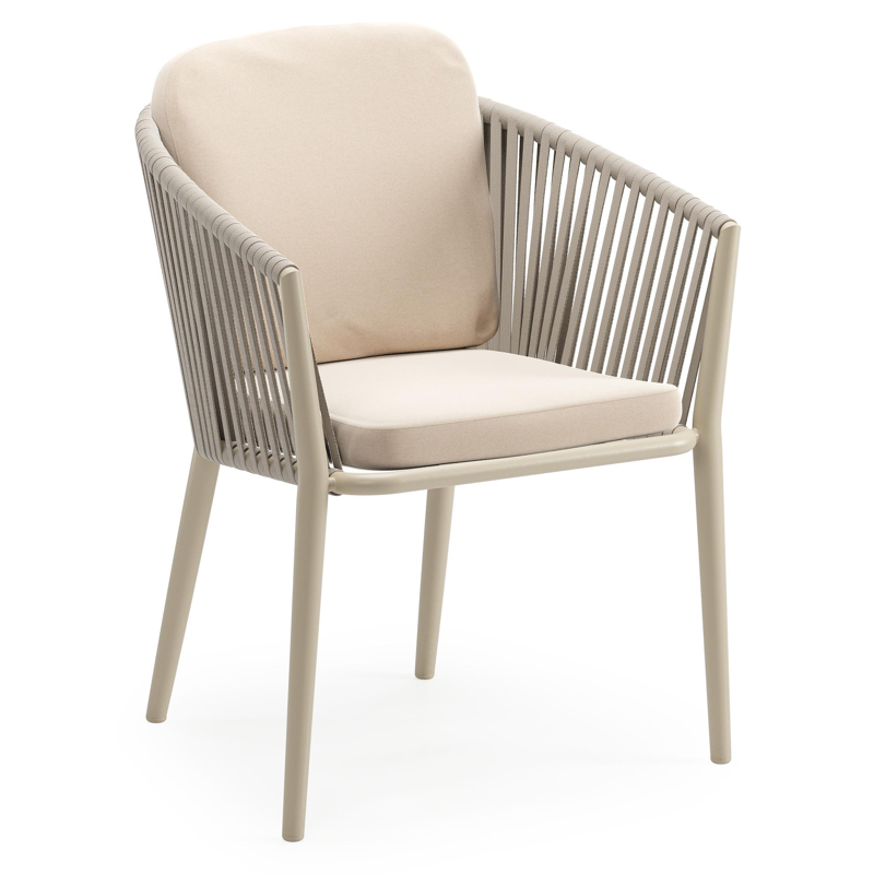 Chaise de jardin Orso en aluminium beige et corde plate tissée verticalement beige avec coussin luxe en All Weather Sunbrella® Luxe Natte Linen Chalk