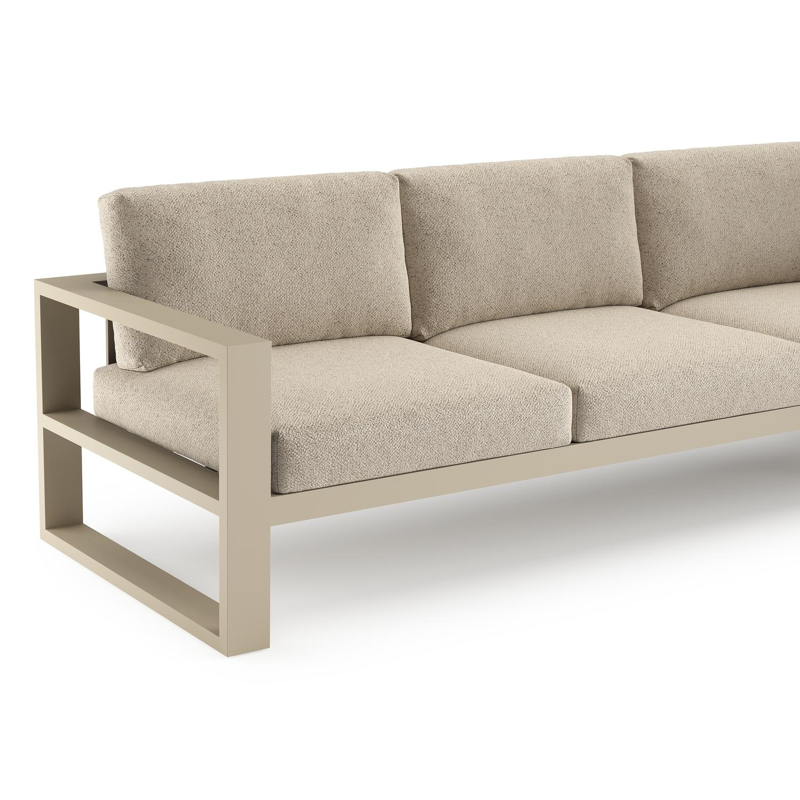 Verato loungehoek in beige aluminium met bora desert all weather cosytica kussen