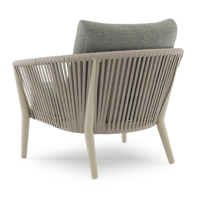 Fauteuil de jardin Orso en aluminium beige en corde ronde tissée verticalement beige et coussins en all weather sunbrella® luxe Slow Fern