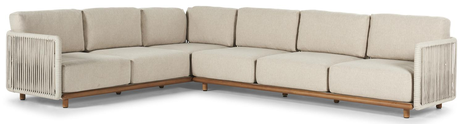 Organo loungehoek in teak en beige verticaal geweven luxe vlakke rope met althea chalk All Weather Cosytica kussens