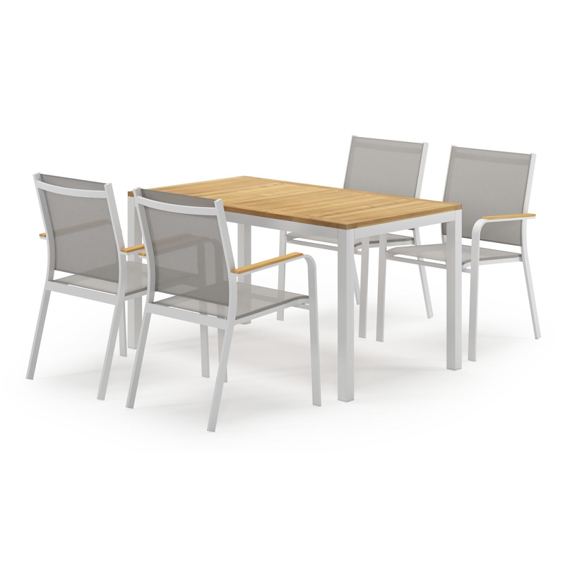 Feltro rechthoekige tuinset in wit aluminium en teak natural finish met 4 Amalfi tuinstoelen