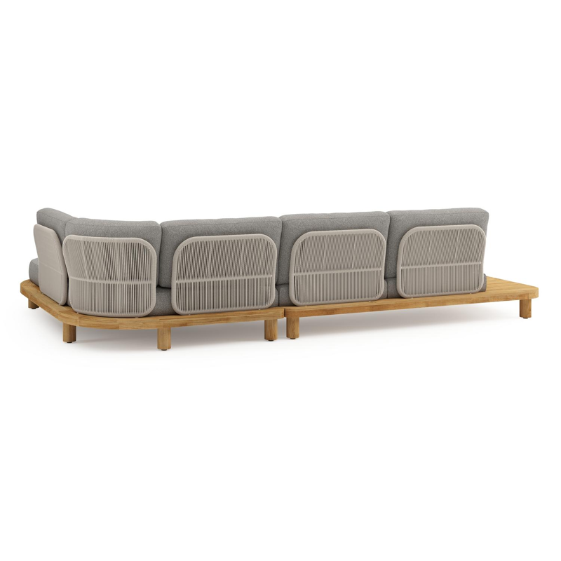 Salon de jardin d'angle Donato en teck et corde ronde tissée verticalement beige et coussins en all weather sunbrella® luxe Tundra Charcoal