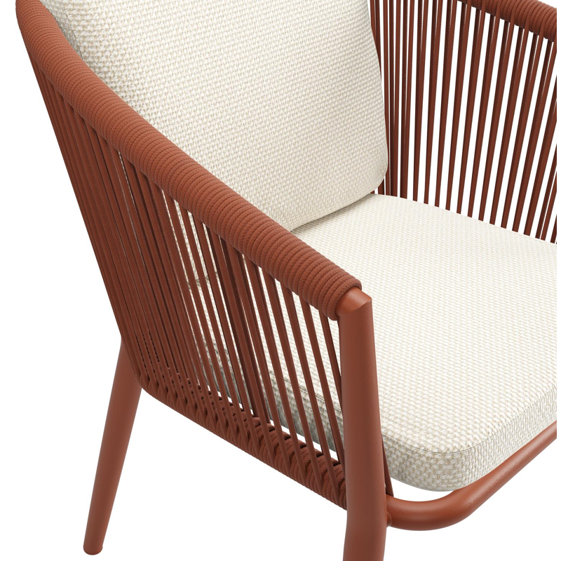 Chaise de jardin Orso en aluminium brun rouille et corde ronde tissée verticalement brun rouille avec coussin luxe en All Weather Cosytica Althea Off White