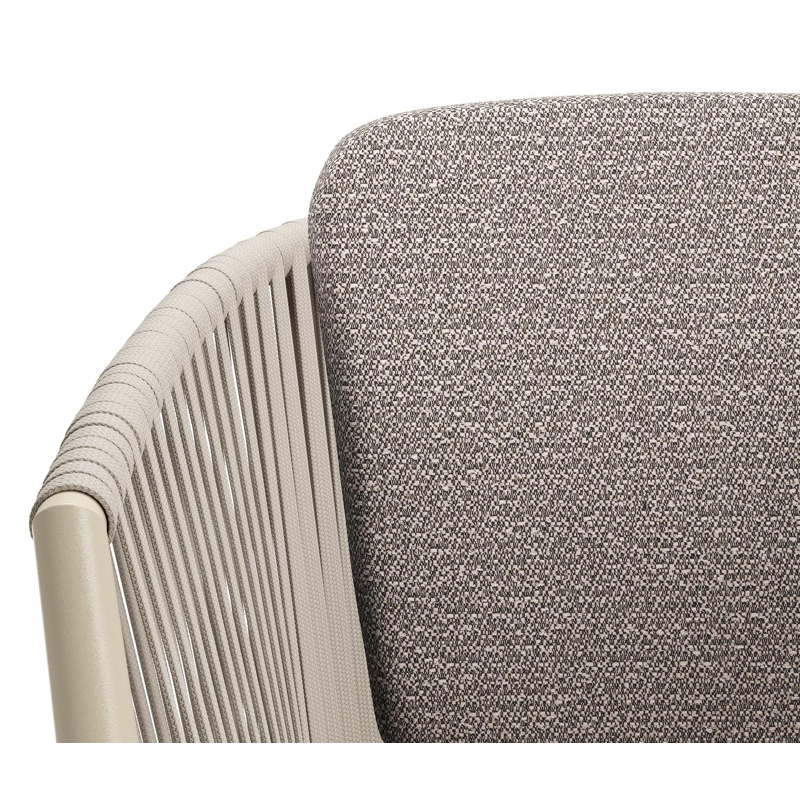 Chaise de jardin Orso en aluminium beige et corde plate tissée verticalement beige avec coussin en All Weather Sunbrella® Luxe Wander Granite