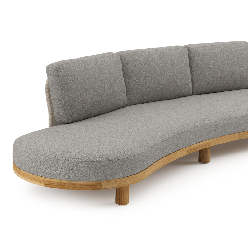 Donato loungehoek in teak en beige verticaal geweven ronde rope met all weather sunbrella® luxe Tundra Charcoal kussen