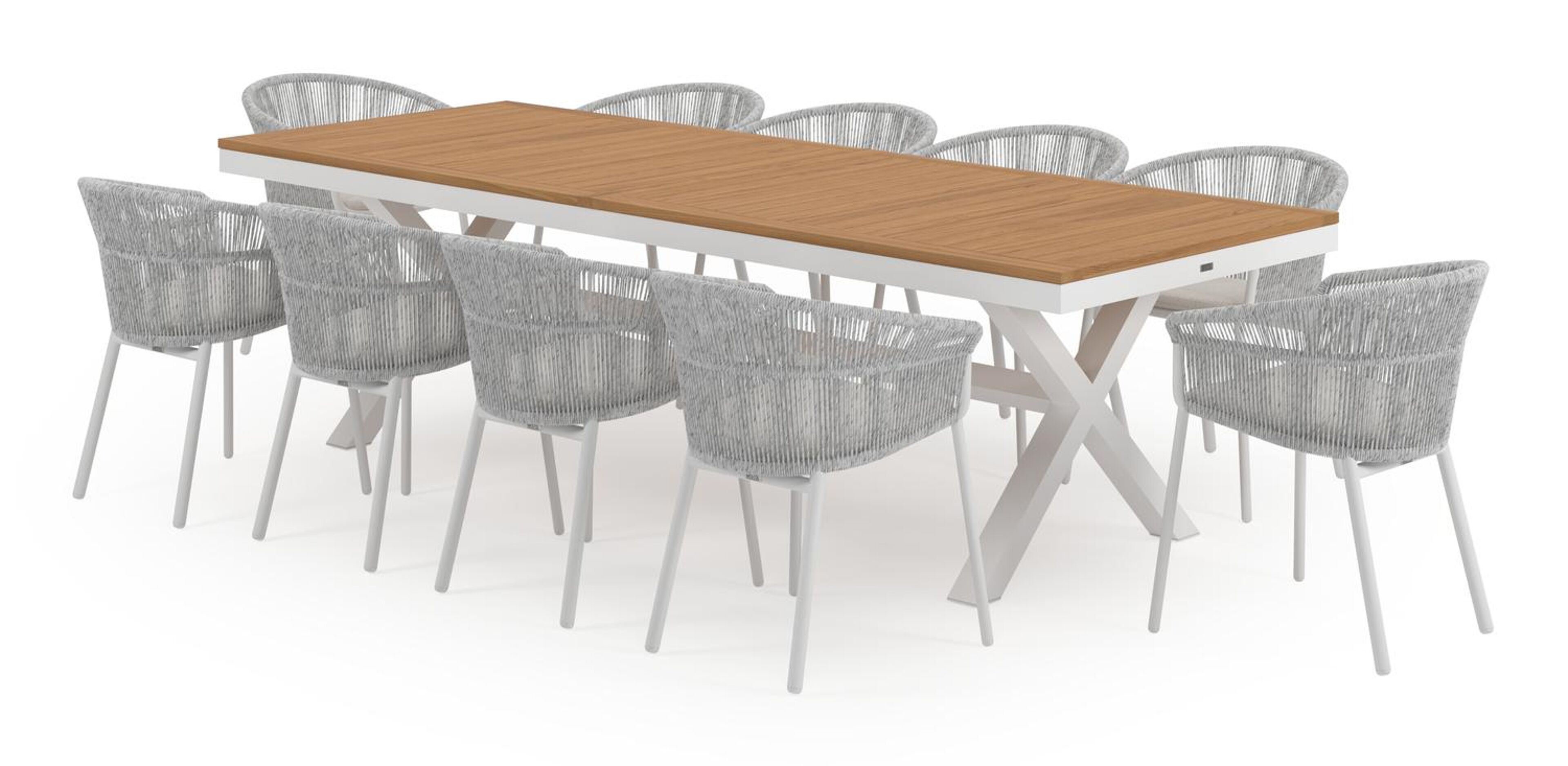 Reza tuinset in wit aluminium en natural finish teak tafelblad met 10 stapelbare Matera tuinstoelen