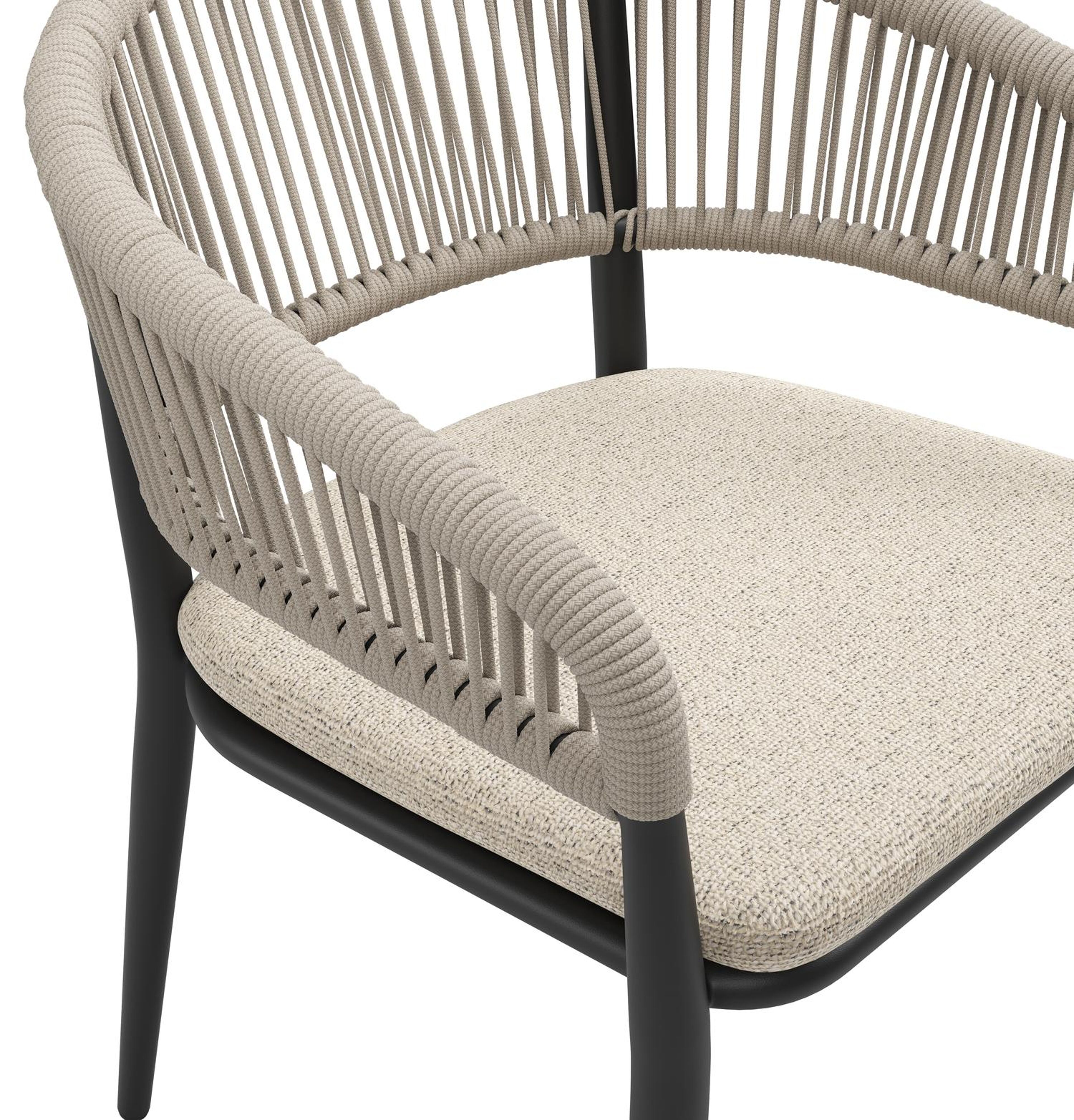 Tolfa stapelbare tuinstoel in zwart aluminium en beige verticaal geweven ronde rope met stoelkussen in All Weather Cosytica Marbella Beige