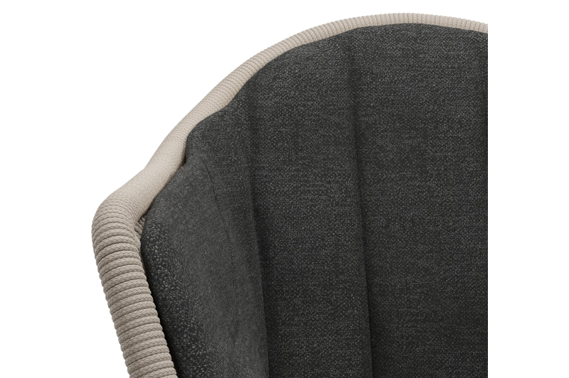 Pagino tuinstoel in zwart aluminium en beige ronde wicker met kussen in chartres sooty all weather sunbrella® luxe