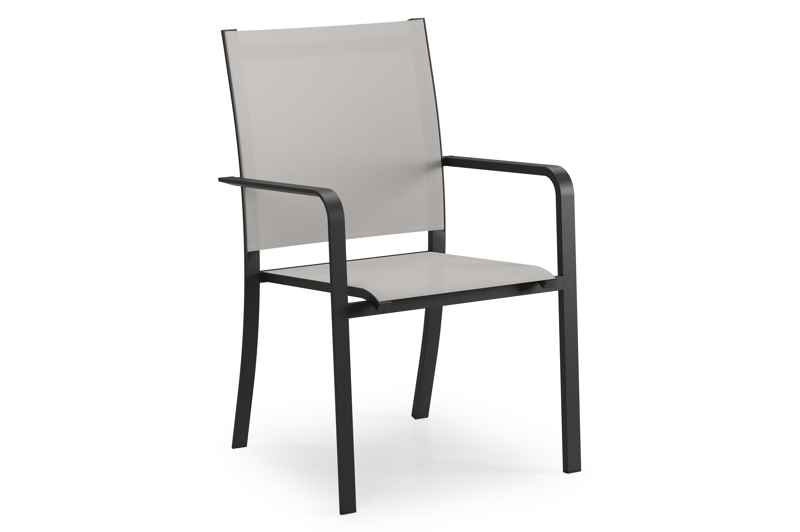 Calobra stapelbare tuinstoel in zwart aluminium en grijs textilene