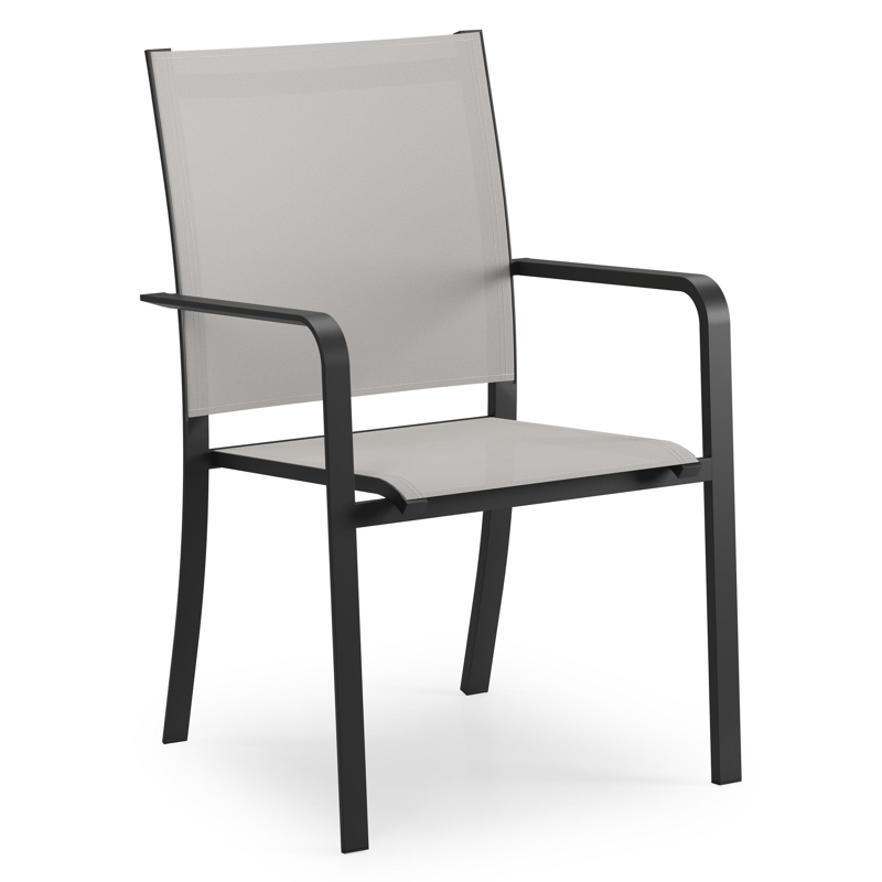 Livo tuinset in zwart aluminium en naturel teak tafelblad met 6 stapelbare Calobra tuinstoelen