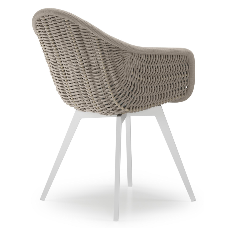 Pagino tuinstoel in wit aluminium en beige verticaal geweven ronde rope met zitkussen in All Weather Sunbrella® Luxe Savane Nimbus