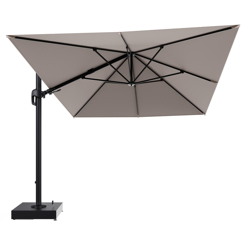 Rufina zweefparasol met tiltfunctie in zwart aluminium en Wander Pilat All Weather Sunbrella® Luxe parasoldoek - L1 400 x L2 300 cm met parasolvoet Minore 150 kg met wielen
