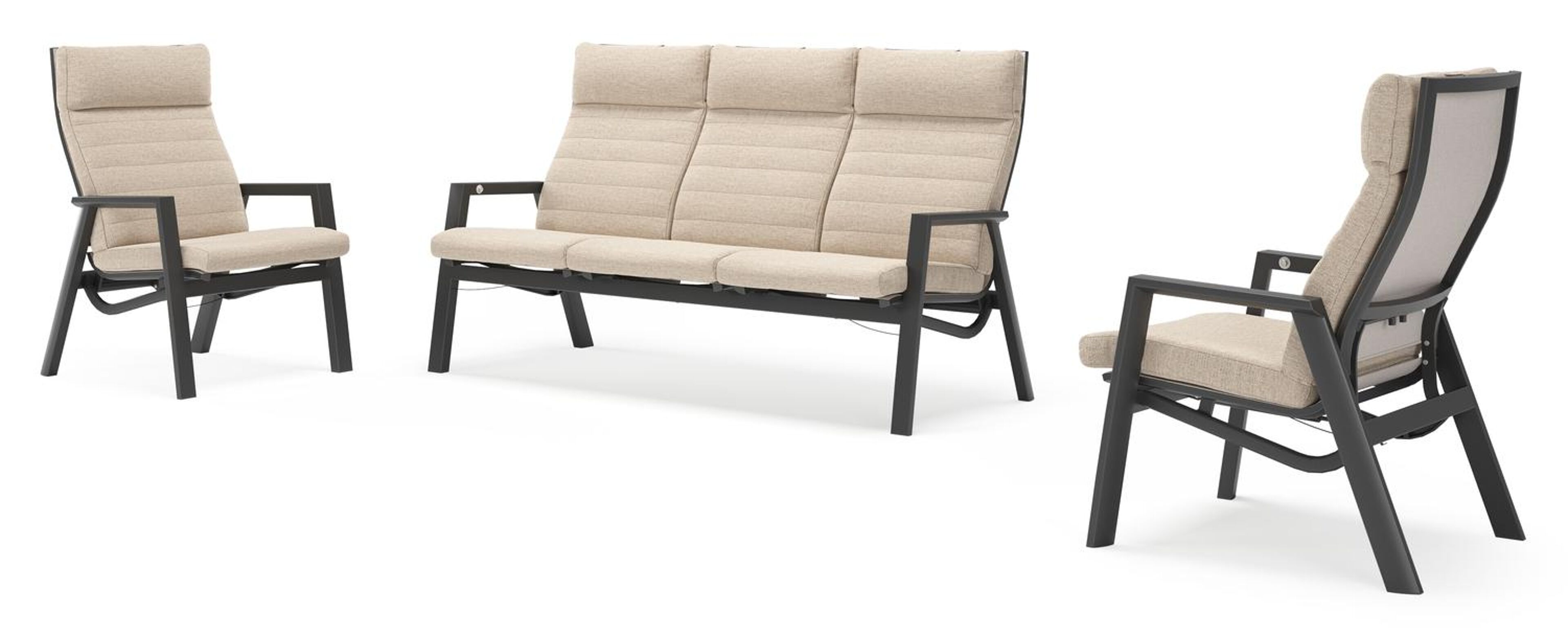 Prato loungeset in zwart aluminium met Rustic Weather+ Softtouch kussen