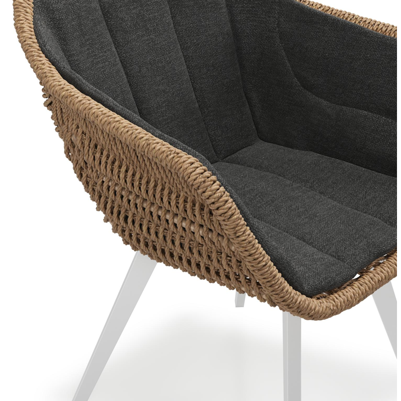 Pagino tuinstoel in wit aluminium en bruin ronde wicker met zitkussen in All Weather Sunbrella® Luxe Chartres Sooty