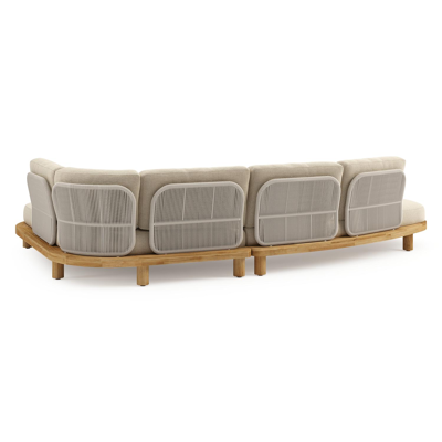 Donato loungehoek in teak en beige verticaal geweven ronde rope met all weather cosytica Althea Camel kussen