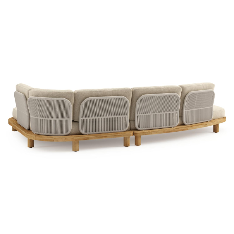 Donato loungehoek in teak en beige verticaal geweven ronde rope met all weather cosytica Althea Camel kussen