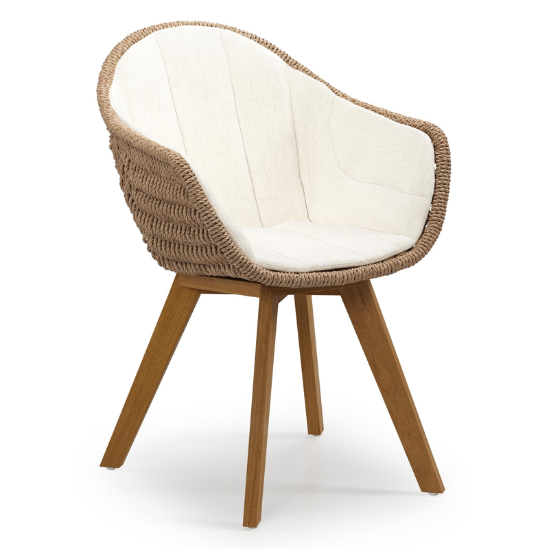 Pagino tuinstoel in teak en naturel ronde wicker met zitkussen in All Weather Sunbrella® Luxe Natte White