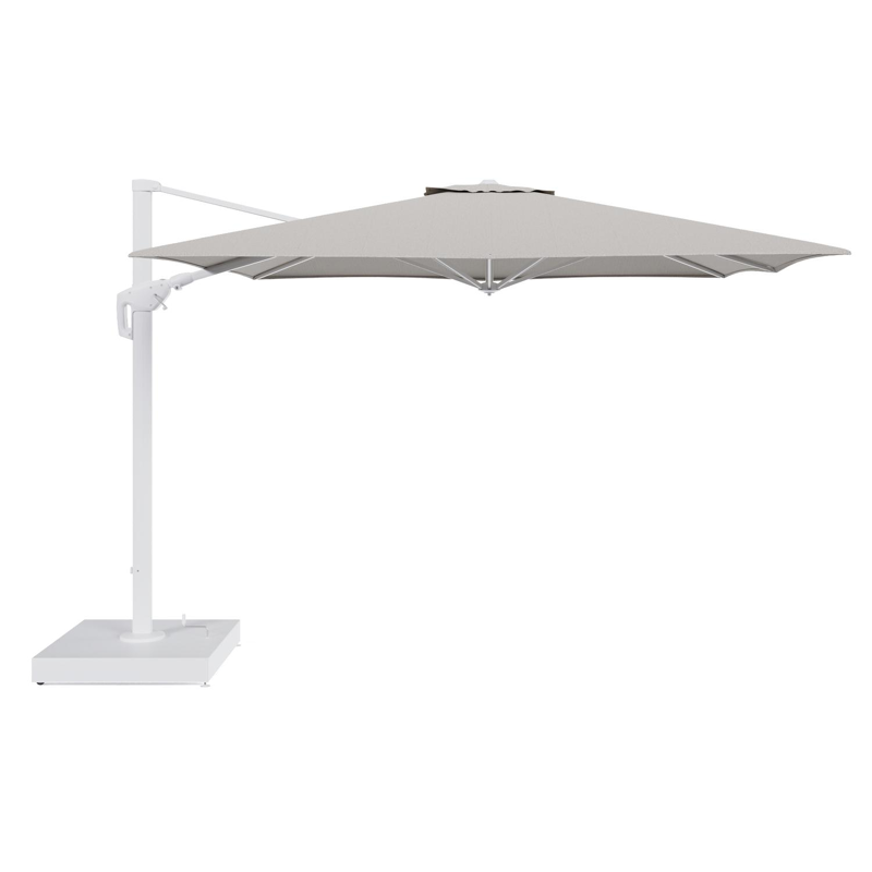 Minore zweefparasol met tiltfunctie in wit aluminium en Firenze Sand All Weather Solica parasoldoek - L1 350 x L2: 350 cm met parasolvoet Minore 260 kg met wielen
