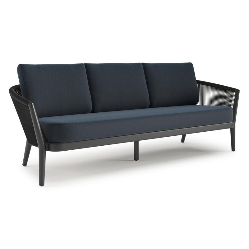 Orso loungebank in zwart aluminium en zwart verticaal geweven ronde rope met Heritage Indigo All Weather Sunbrella® luxe kussen