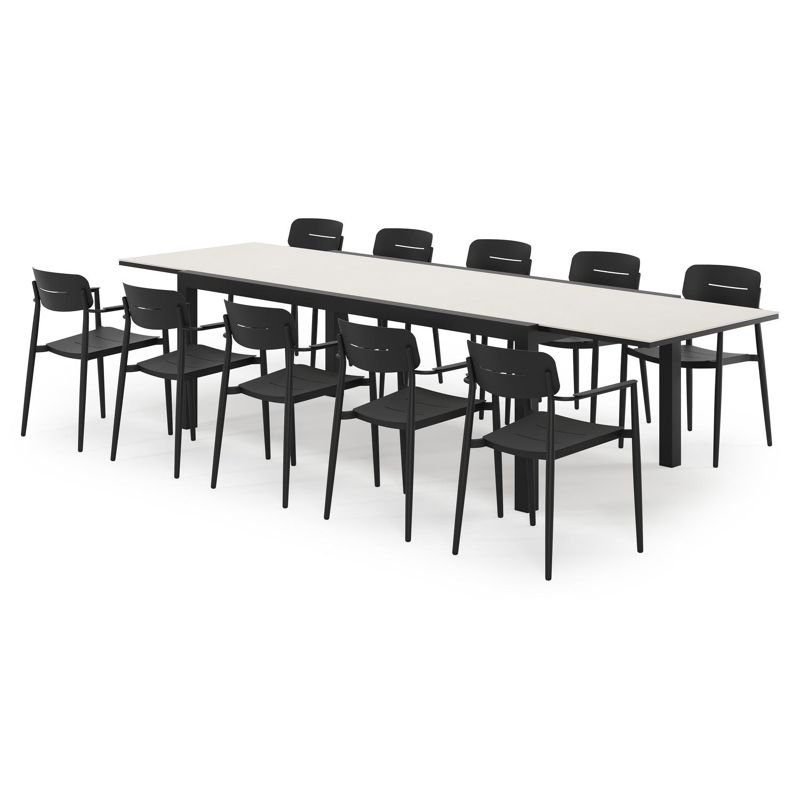Calobra ensemble de jardin extensible rectangulaire en aluminium noir en sintered stone crema minerale avec 10 chaises de jardin Cosa