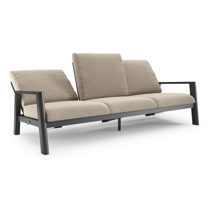 Canapé de jardin Cirello en aluminium noir et coussins en all weather sunbrella® luxe chartres pewter