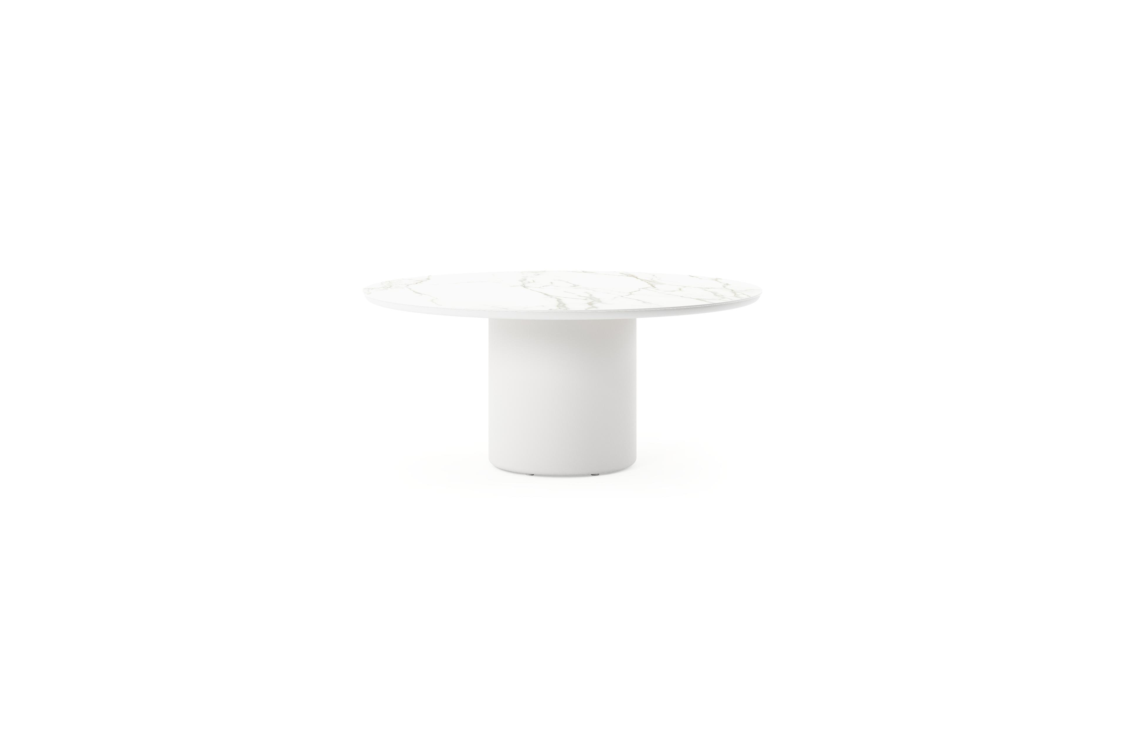 Table de jardin low dining Amico rond en aluminium blanc et céramique pleine Calacatta - Diam. 148 x Haut. 61 cm