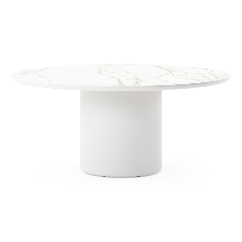 Amico low dining tuintafel rond in wit aluminium en volkeramiek Calacatta - Dia. 148 x H 61 cm