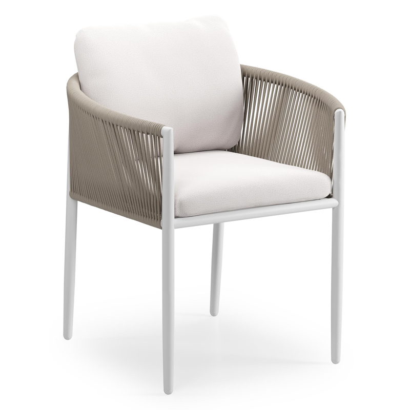 Organo tuinstoel in beige aluminium en beige verticaal geweven ronde rope met stoelkussen in All Weather Sunbrella® Luxe Savane Whisper