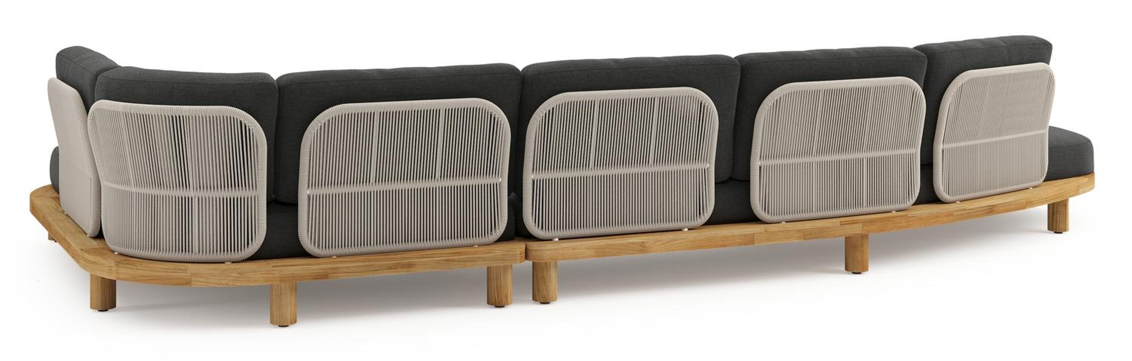 Salon de jardin d'angle Donato en teck et corde ronde tissée verticalement beige et coussins en all weather sunbrella® luxe Chartres Sooty