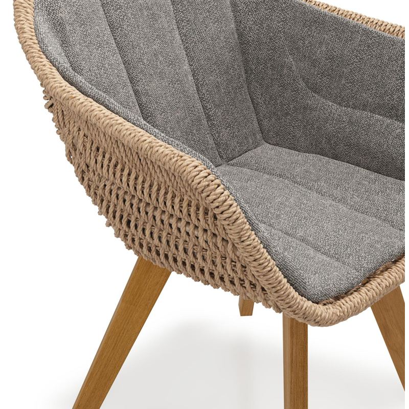 Pagino tuinstoel in teak en naturel ronde wicker met zitkussen in All Weather Sunbrella® Luxe Chartres Drizzle
