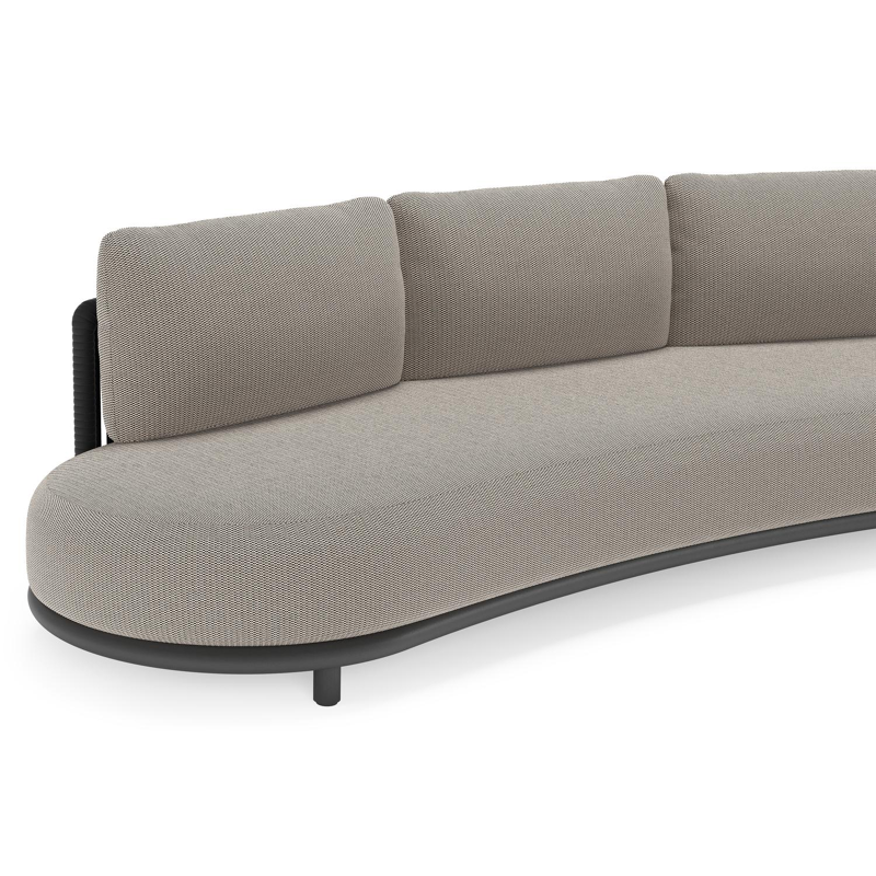Lomano loungebank in zwart aluminium en zwart verticaal geweven luxe vlakke rope met lopi pepper all weather sunbrella® luxe kussen