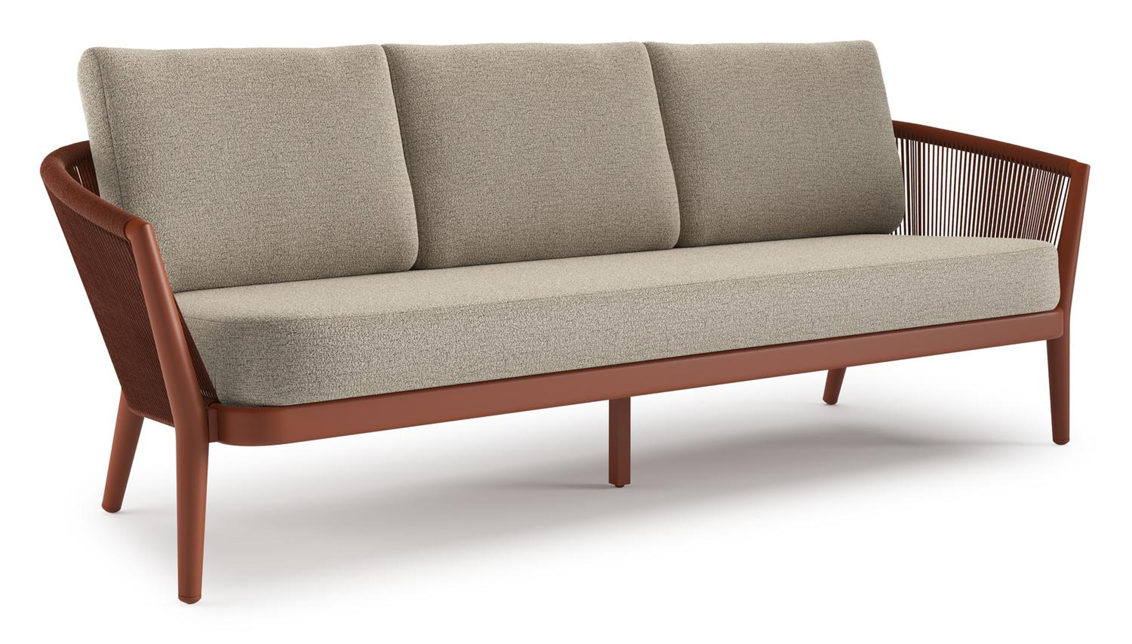 Orso loungebank in roestbruin aluminium en roestbruin verticaal geweven ronde rope met Catania Beige all weather cosytica kussen