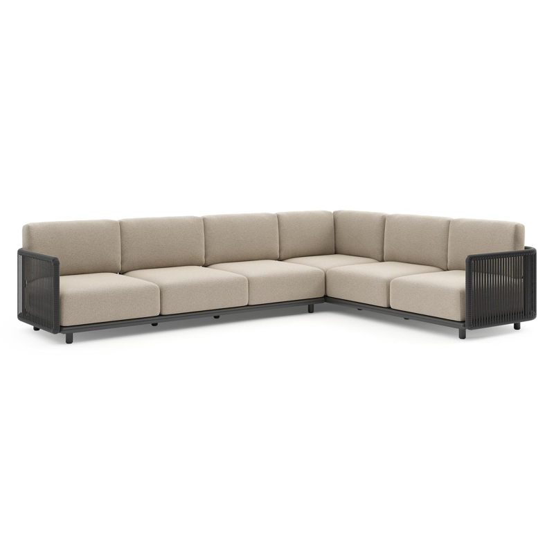 Salon de jardin d'angle Organo en aluminium noir et corde luxe plate tissée verticalement noir et coussins en All Weather Cosytica marbella beige