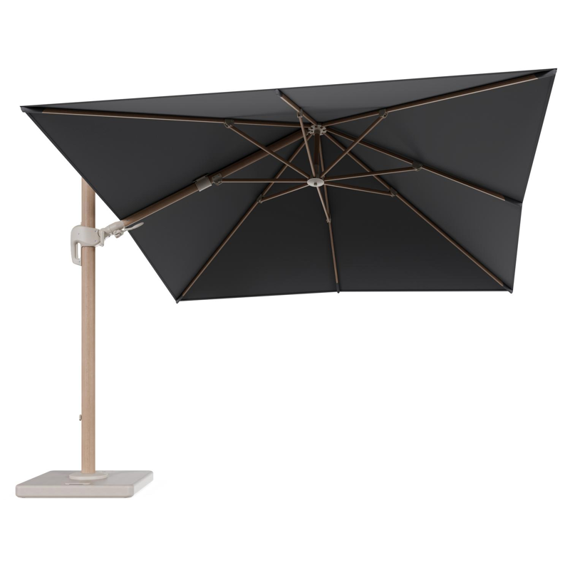 Rufina zweefparasol tiltfunctie in houtlook aluminium en parasoldoek in All Weather Sunbrella® Luxe Natte Charcoal Chine - L1 300 x L2 300 cm met parasolvoet Lapido 120 kg