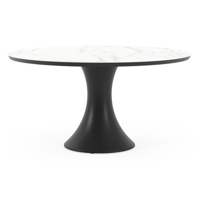 Table de jardin Fano ronde en aluminium noir et céramique pleine Calacatta - Diam. 148 x Haut. 75 cm