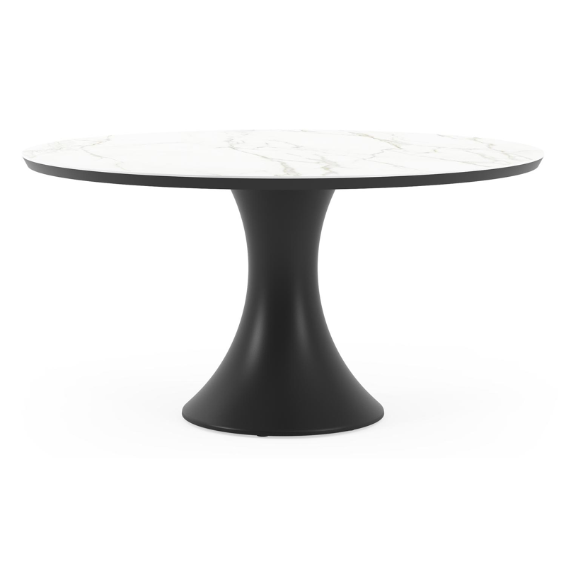 Table de jardin Fano ronde en aluminium noir et céramique pleine Calacatta - Diam. 148 x Haut. 75 cm