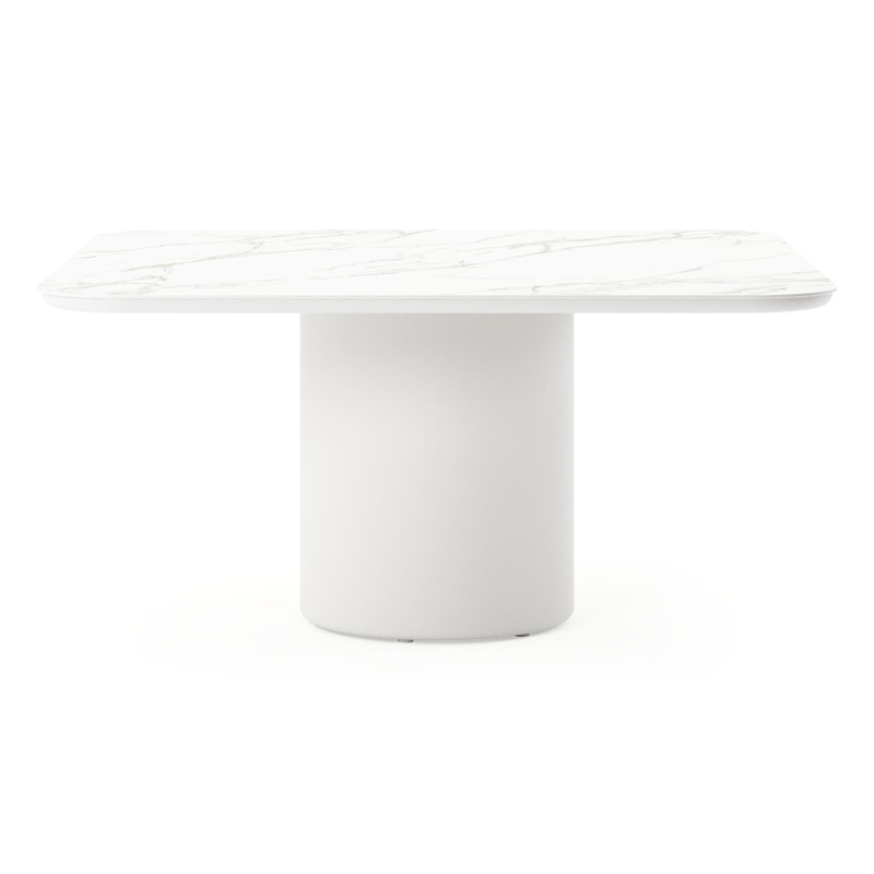 Table de jardin Amico carré arrondi en aluminium blanc et céramique pleine Calacatta - Lg. 148 x Lrg. 148 x Haut. 74 cm