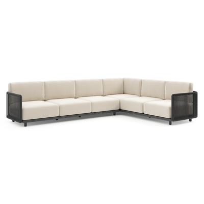 Organo loungehoek in zwart aluminium en zwart verticaal geweven luxe vlakke rope met althea off white all weather Cosytica kussen