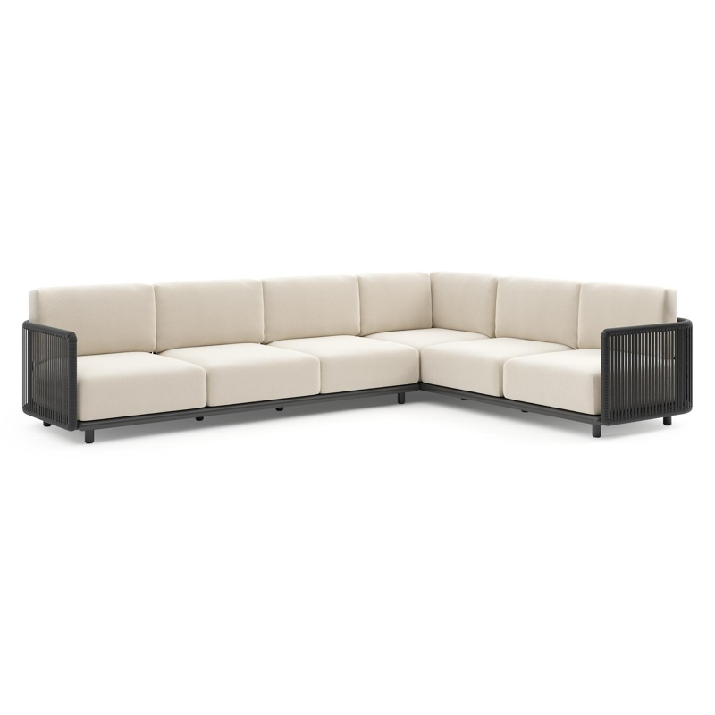 Organo loungehoek in zwart aluminium en zwart verticaal geweven luxe vlakke rope met althea off white all weather Cosytica kussen