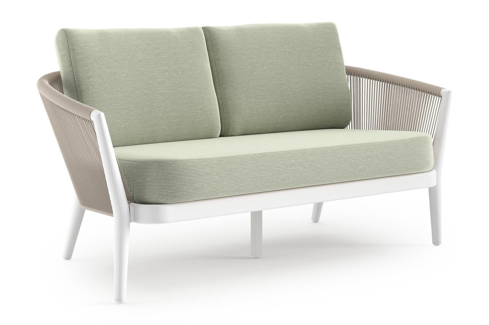 Canapé de jardin Orso en aluminium blanc en corde ronde tissée verticalement beige et coussins en all weather sunbrella® luxe Slow Spirea