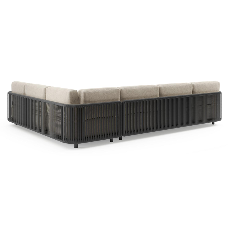 Salon de jardin d'angle Organo en aluminium noir et corde luxe plate tissée verticalement noir et coussins en All Weather Cosytica marbella beige