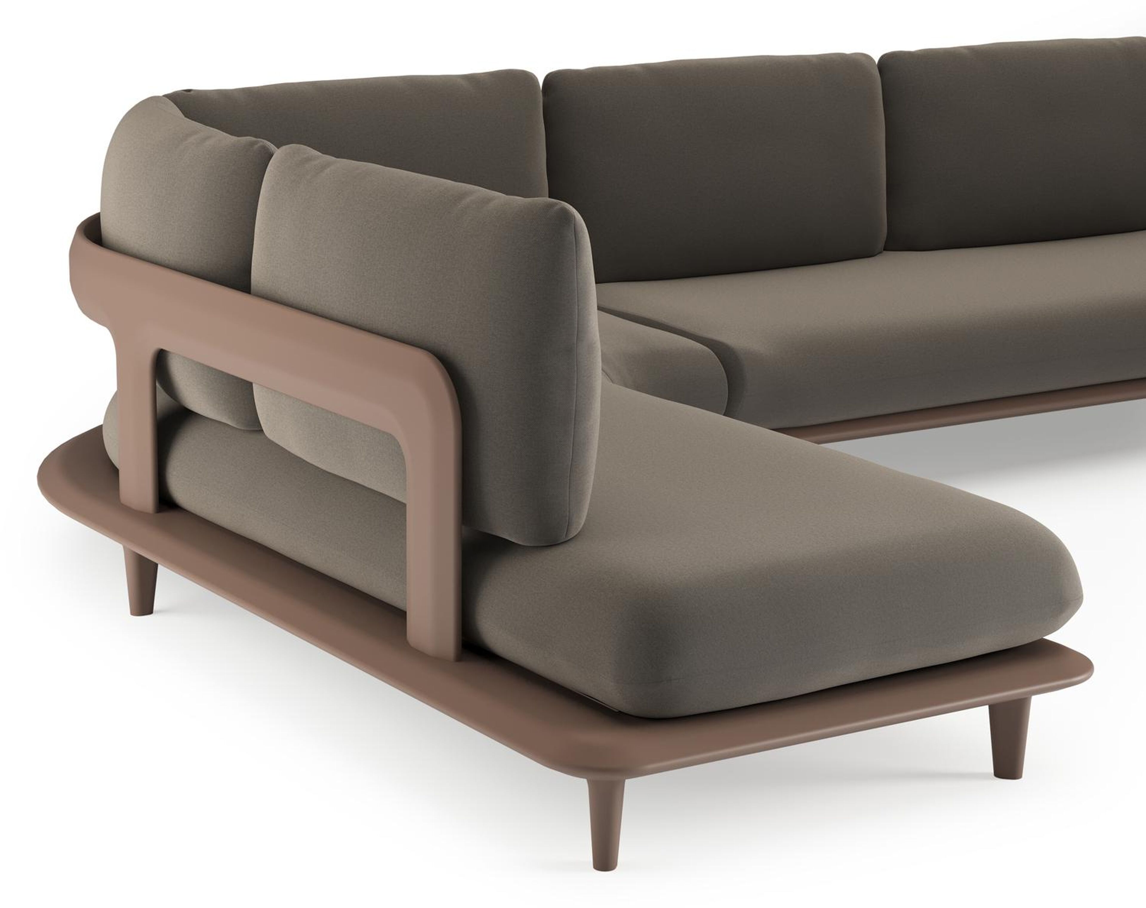 Salon de jardin d'angle Bomero en aluminium taupe et coussins en all weather sunbrella® luxe natte carbon beige