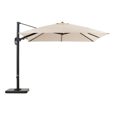 Rufina zweefparasol met tiltfunctie in zwart aluminium met beige all weather sunbrella® premium parasoldoek - L1: 300 x L2: 300 cm (met voet)