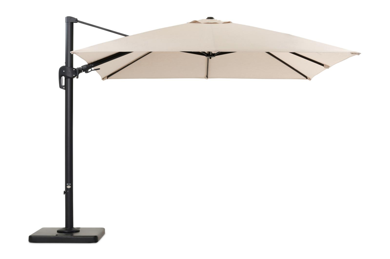 Rufina zweefparasol met tiltfunctie in zwart aluminium met beige all weather sunbrella® premium parasoldoek - L1: 300 x L2: 300 cm (met voet)