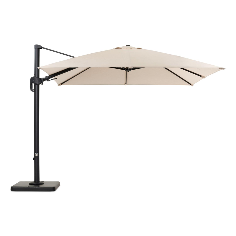 Rufina zweefparasol met tiltfunctie in zwart aluminium met beige all weather sunbrella® premium parasoldoek - L1: 300 x L2: 300 cm (met voet)