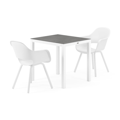 Ensemble de jardin Feltro en aluminium blanc avec plateau de table en céramique pleine gris et 2 chaises de jardin Artena