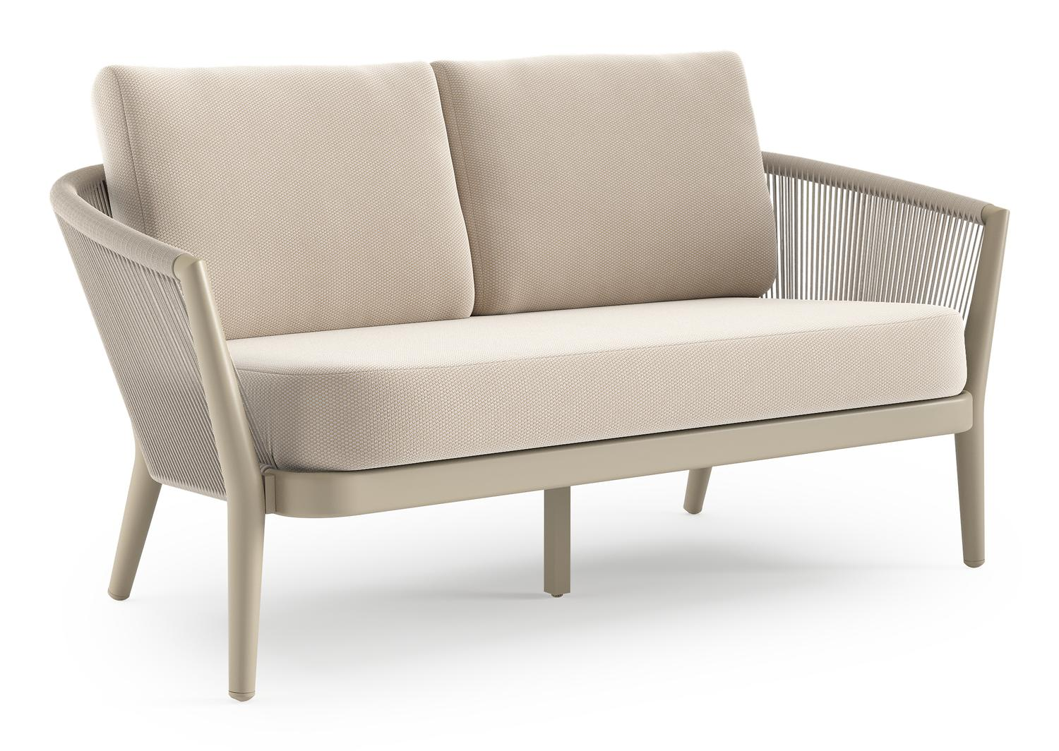 Orso loungebank in beige aluminium en beige verticaal geweven ronde rope met Lopi Antique all weather sunbrella® luxe kussen